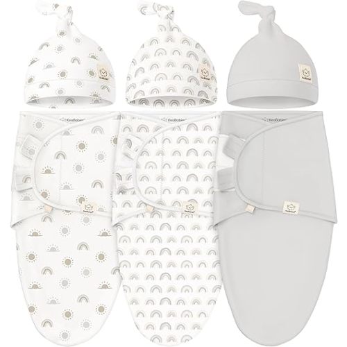 KeaBabies 3-Pack Swaddles for Newborns, Girls, Boys with Hats - Organic Soft Baby Sleep Sacks, Breathable Baby Swaddle 3-6 Months Beanies Set, Premie Infant Sleep Sack 0-3 Months (Shifts)