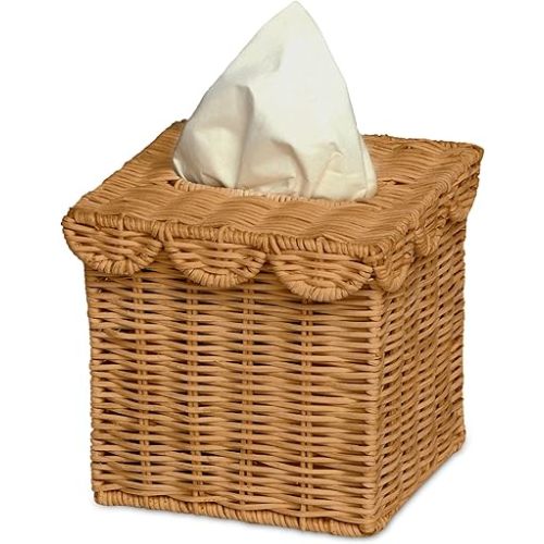 BEBE BASK Handwoven Scalloped Square Tissue Box Cover (4.5 × 4.5 × 5.3 in) – Rattan Tissue Box Cover Square – Elegant Home Accent - Mocca