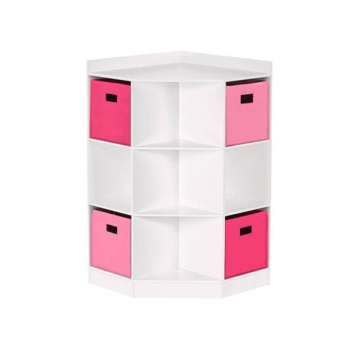 RiverRidge Kids' Corner Playroom Cabinet with 6 Toy Storage Cubbies and 3 Angled Shelves White with 4 Pink and Hot Pink Fabric Bins