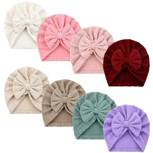 Dizila 8 Pieces Baby Turban Hats with Big Bow Newborn Caps Beanies Bonnets Headwraps for Baby Girls Boys Infants Toddlers