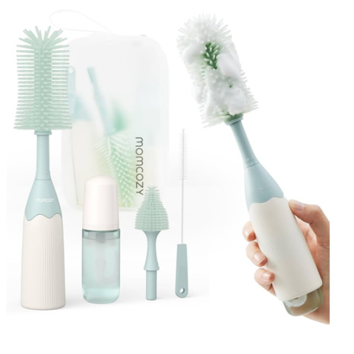 Momcozy Bottle Brush Kit, Innovative Push-Press Design for Better Cleaning - Baby Bottle Cleaner Brush for Baby Bottle, Breast Pumps, Nipples, and More - Can Generate Foam for Better Cleaning, Green