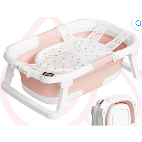 Aprpink Foldable Baby Bathtub PP+TPE with Soft Bath Net&Thermometer for 0-36 Months Toddler Pink