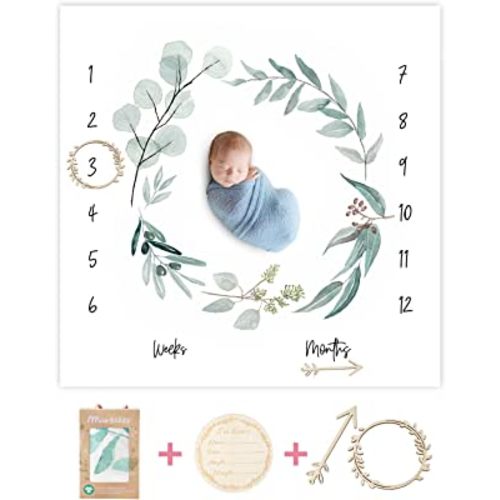 Organic Baby Monthly Milestone Blanket Newborn Boy Girl Unisex Gender Neutral| Green Leaf Wreath Eucalyptus Baby Nursery Month Picture Blanket| Growth Photography Background Prop|Birth Announcement