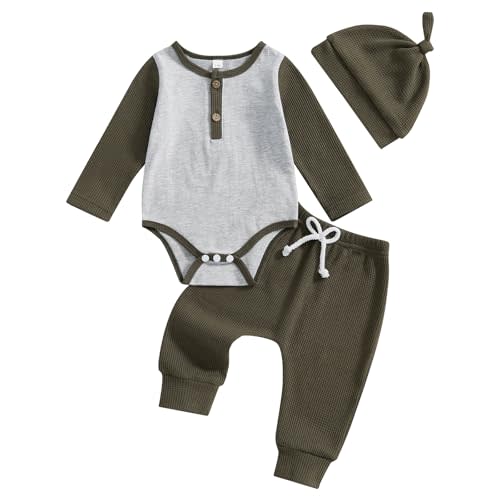 Karuedoo Newborn Infant Baby Boy Fall Winter Outfit Waffle Knit Contrast Color Romper Pants Hat 3Pcs Coming Home Outfits Set