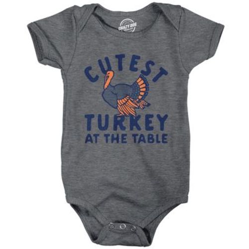 Cutest Turkey At The Table Baby Bodysuit Funny Cute Thanksgiving Dinner Jumper For Infants - Crazy Dog Baby Bodysuit Dark Grey 12 Months