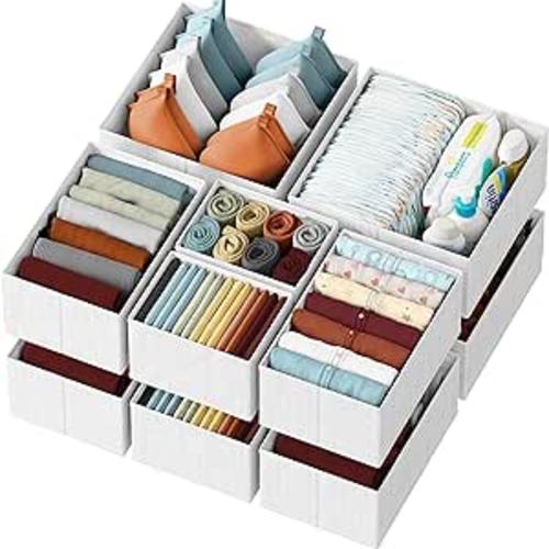 Drawer Organizer Clothes Set of 12 White-Grey - Dresser Organizer For Nursery, Bedroom, Closet - Perfect Baby Clothes Organizer and Storage & General Nursery Organization or Dresser Drawer Organizers - 12 Baskets