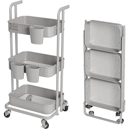 Merapi 3 Tier Foldable Rolling Cart, Metal Utility Cart with Wheels, 3 Hanging Cups and 6 Hooks, Folding Trolley for Living Room, Kitchen, Bathroom, Bedroom and Office, Gray