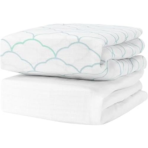 Newton Baby Organic Fitted Crib Sheets - 100% Breathable and Ultra-Soft, 100% Organic Muslin Cotton, Dreamweaver Print in Moonstone Mist + Solid White, Fits All Standard Cribs