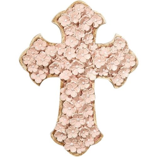 Dicksons Raised Flower Blossom Pastel Coral Pink 12 x 9 Resin Stone Hanging Wall Cross