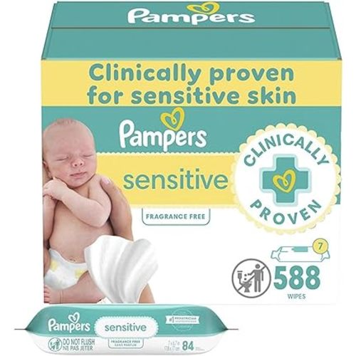 Pampers Baby Wipes Sensitive, Water Based Wipes, Hypoallergenic and Unscented Wipes, 588 Wipes Total (7 Refill Packs)