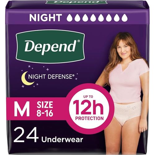 Depend Night Defense Adult Diapers, Incontinence & Postpartum Bladder Leak Underwear for Women, Disposable, Overnight, Medium, Blush, 24 Count, Packaging May Vary