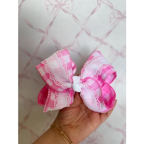 Gingham Lace Pink Picnic Bow, Baby bow, Southern bows