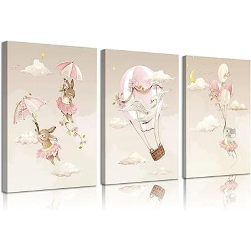 3Pcs Cute Animals Nursery Bunnies Swan Mouse Canvas Wall Art Interesting Cartoon Pictures Wall Decor Pink Hot Air Balloon Posters Prints for Girl Bedroom Living Room Decorate Prepare to hang