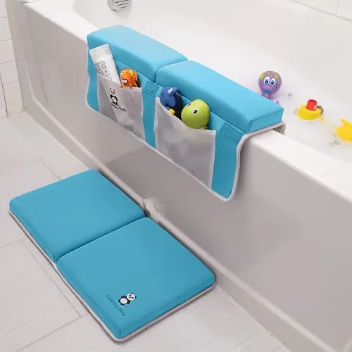 Cuddling Baby Comfortable Bath Kneeler and Elbow Rest Pad, 2 Pc. Set, Knee and Body Protection with Non-Slip Base, Large Toy and Bath Accessory Pocket Storage, Compact Foldable Cushion Design (Blue)