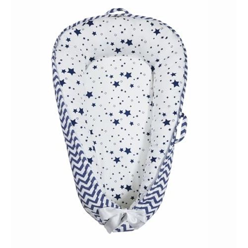 Aila+Aiden Baby Nest, Baby Lounger, Organic Cotton Lounger for Baby, Reversible Breathable Adjustable Portable - Star Collection (Blue)