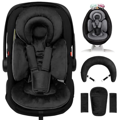 TinlyFinly Infant Car Seat Insert with Extra Cushion for Preemie to Toddler, Reversible Newborn Carseat Insert Head Support, Fits for Stroller, Baby Swing, Rocker, Bassinets, Bouncer (Pure Black)