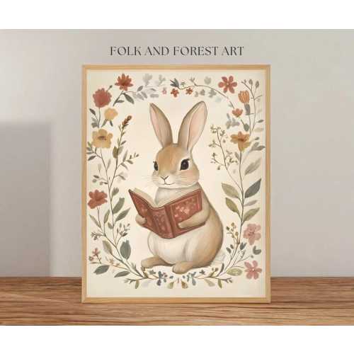 Whimsical Bunny Reading | Floral Folk Art Digital Download | Cottagecore Animal Illustration | Multiple Sizes Included