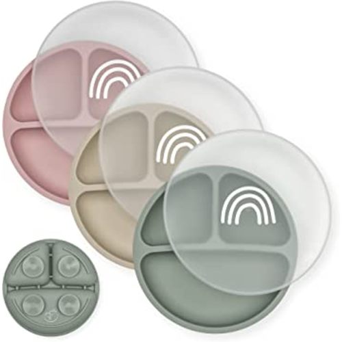 Hippypotamus Toddler Plates with Suction - 100% Food-Grade Silicone Baby Plates with Lids - Microwave & Dishwasher Safe - BPA Free - Set of 3 (Sage/Blush/Nude with LIDS)