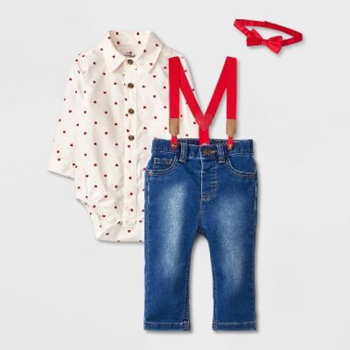 Baby Boys' Heart Printed Suspender Top & Bottom Set - Cat & Jack™ Blue 6-9m