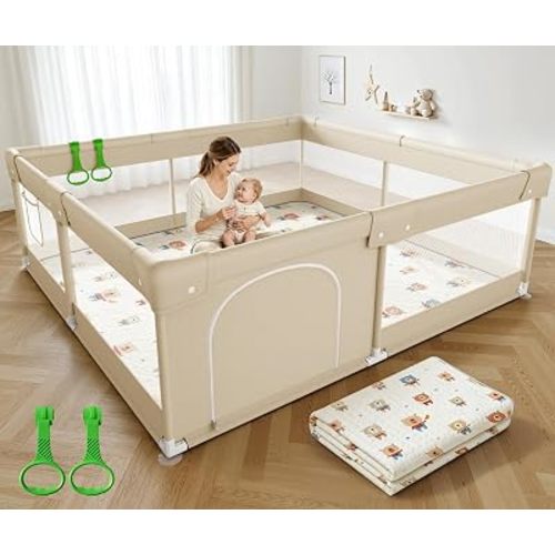 Safe Baby Playpen with Mat, 47x47in Beige Play Pen with Soft Machine Washable PlayMat, Portable Baby Playard for Babies & Toddlers with Zipper Door
