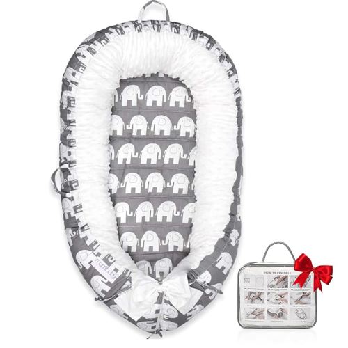 Baby Lounger, Ultra Soft 100% Cotton & Breathable Fiberfill Newborn Lounger, Portable Adjustable Infant Floor Seat for Travel, Newborn Must Have Essentials Baby Registry Search(Elephant)
