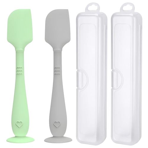 2 Pack Diaper Cream Spatula with Hygienic Travel Case, Butt Spatula Baby with Suction Base, Baby Butt Paste Spatula, Soft Silicone Diaper Rash Cream Applicator Large Size (Green & Gray)