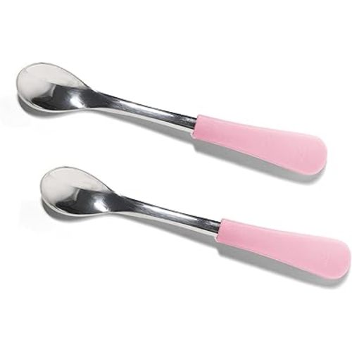 Avanchy Infant Baby Spoons Stainless Steel and Silicone Set, Self Feeding Food Utensils, 4 Months Baby Led Weaning, 2 Pack, Pink