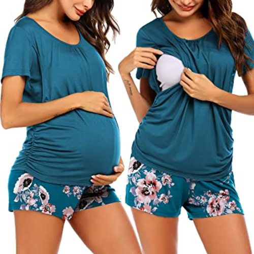 Ekouaer Women's Maternity Nursing Pajamas Set Breastfeeding Sleepwear Double Layer Short Sleeve Top & Shorts Pregnancy PJS