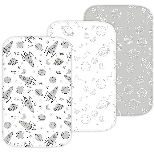 TansyPanda Bassinet Sheets for Angelbliss, Koolerthings, and Koola Baby Bassinet Bedside Sleeper, 3 Pack, 33x20 inch, Ultra Soft, Breathable, Snug Fit, Unisex Boys Girls, Gray White (Space Rockets)
