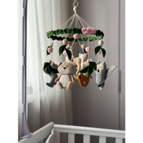 Floral Woodland Felt Animals Baby Mobile: Owl, Deer, Bear, Bunny, Fox Nursery Decor