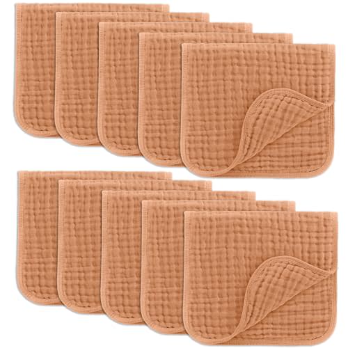 Comfy Cubs Muslin Burp Cloths 20" x 10", Pack of 10 - Large, 6-Layer, Ultra Absorbent 100% Cotton for Baby Drool and Messes - Soft, Safe & Gentle Baby Burp Cloths for Boys & Girls - Caramel