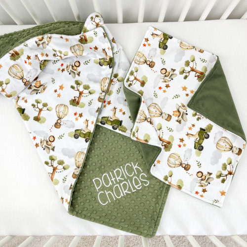 Personalized Minky Baby Blanket: Embroidered Name, Safari Print