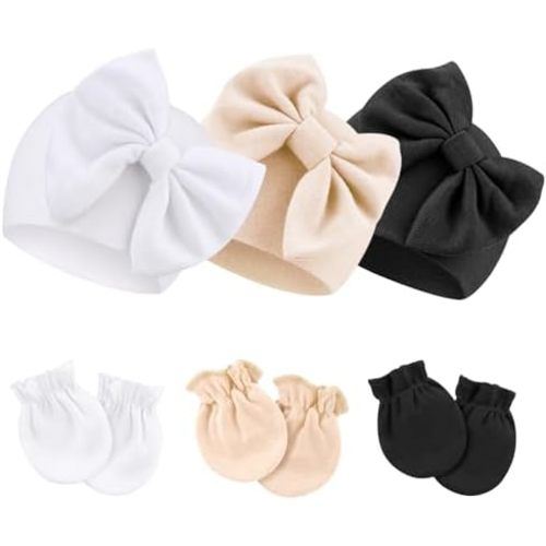 BQUBO Newborn Baby Hospital Hats Beanie Bow Infant Caps Baby Cotton No Scratch Mittens Set for 0-6 Months