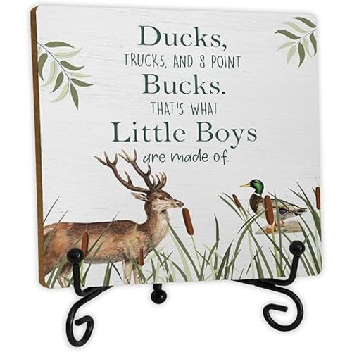 Hunting Boy Nursery Wooden Desk Sign, Farmhouse Wild Mallard Duck Deer Wood Plaque With Stand for Kids Boys Room Bedroom Playroom Nursery Home Desk Tabletop Shelf Decor