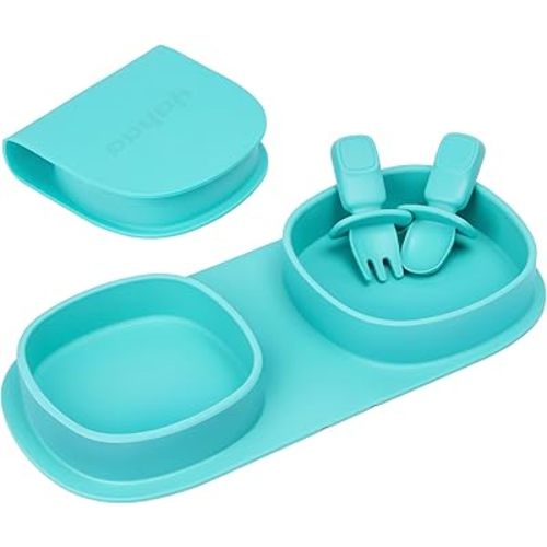 Toddler Plates Travel Essential on the go,Baby Plates with Forks and Spoons Self Feeding 6 months,Foldable,Silicone,BPA Free,Aqua