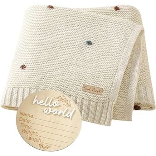 OWL NEST Baby Blanket - Receiving Blanket - 100% Cotton - Knitted Blanket - Unisex Cozy Blanket (Beige)