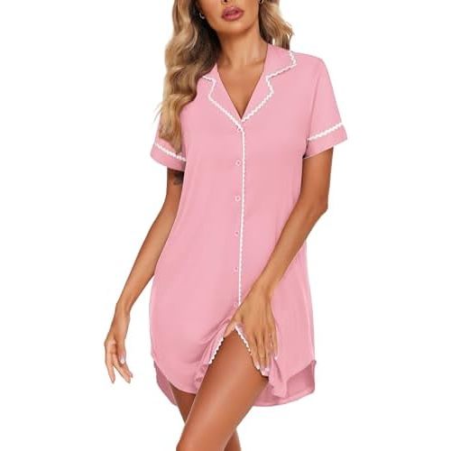 Ekouaer Nightgowns for Women Button Up Sleep Shirts Short Sleeve Nightshirt Soft Pajamas House Dress Sleepwear S-XXXL