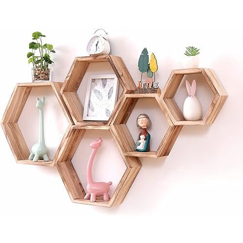 WONFUlity Hexagon Floating Shelves Honeycomb Shelves Wall Mounted Wood Farmhouse Storage Wall Shelf for Bathroom, Kitchen, Bedroom, Living Room,Driftwood Finish Wall Decor,Light Brwon