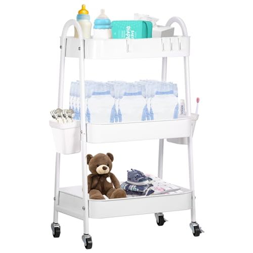 3-Tier Utility Rolling Cart Utility Cart with Wheels Baby Diaper Caddy Cart Metal Nursery Storage Organizer Organizer for Baby Diapers Essentials Storage Cart for Living Room Kitchen Office Bathroom
