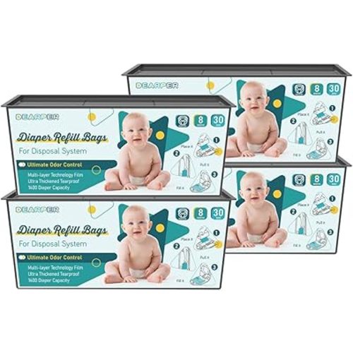 Diaper Pail Bags Refills 4 Pack (120 Bags), Compatible with Genie Easy Roll Signature and Platinum Pails, 7-Layer Odor Control, Extra Thickness, Lasts up to 8 Months Per Refill