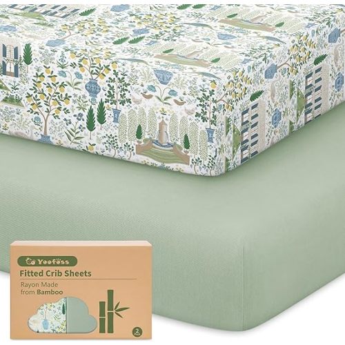 Yoofoss Baby Crib Sheets Viscose Derived from Bamboo, 2 Pack Fitted Crib Sheet for Boys Girls, Soft and Breathable Toddler Bed Sheets for Standard Crib and Toddler Mattress 52x28in