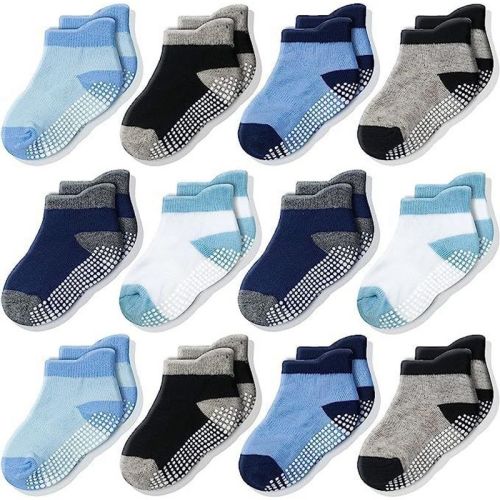 Cozyway Non-slip Ankle Style Socks With Grippers, 12 Pack For Baby Boys And Girls, 6-12 Months - Color Block - Blue Multicolored