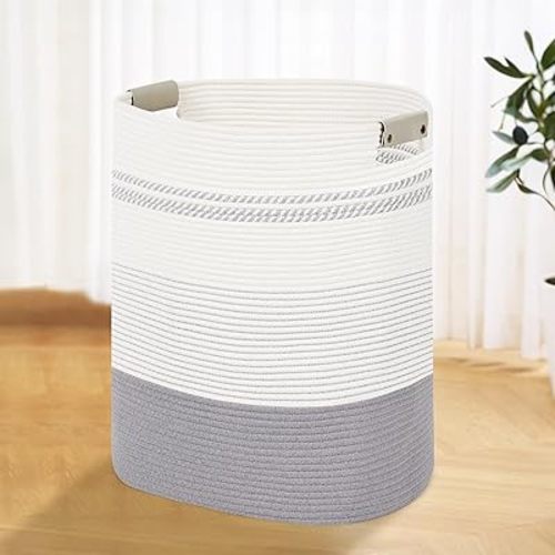 Laundry Basket with Handles - Blanket Basket & Hampers for Bedroom Aesthetic, Laundry Hamper & Blanket Storage for Living Room, Clothes Hamper, Tall, Large 17" x 14" x 22”, Grey & White