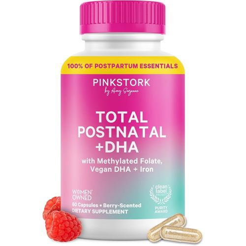 Pink Stork Total Postnatal Vitamins for Women | Vegan DHA, Iron, Folate, B12 | Postpartum Recovery Essentials | Lactation Support for Breastfeeding Moms | Third-Party Tested - 60 Capsules, Berry