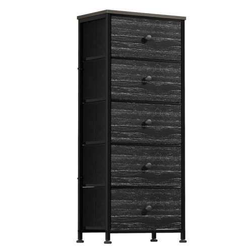 GUNAITO 5 Drawer Dresser for Bedroom Vertical Chest Sturdy Steel Frame Tall Dresser Wooden Top Fabric Bins Dekabah Black
