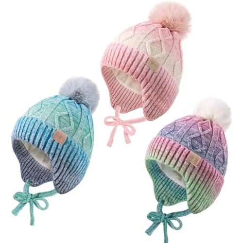 Baby Beanie Hat, Winter Warm Knit Cap with Pom Pom for Girls, Toddler Winter Hat(0-36months)