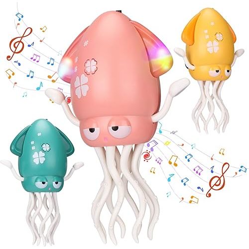 Magic Electric Dancing Octopus Toy with Led Light and Music,Playful Automatic Evasion Crawling Dancing Octopus with Fishing Rod,Smart Tentacle Explorer Dancing Squid Toy Tummy Time Baby Toys,Pink