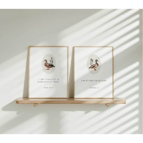 PRINTED Set of 2, Duck Nursery, Lucky Duck Birthday, Bible Verse Print, Hunting, Baby shower Art, Mallard decor, Minimalist, Christian gifts