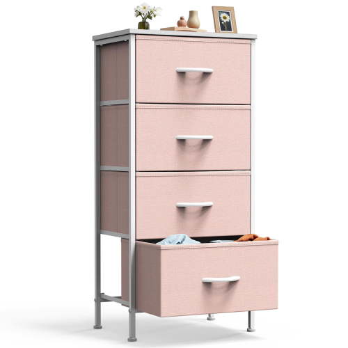 Dresser, Betcozy Storage Organizer with 4 Drawers for Bedroom, Chest of Drawers with Fabric Bins, Sturdy Metal Frame, Wood Tabletop for Guest Room, Closet, Entryway, Nursery, Pink