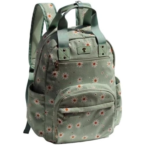 Diaper Bag Backpack, Large Capacity Multifunction Baby Essentials Fashion Travel Pack Linen Canvas office Laptop Bag (Corduroy Matcha Daisy)